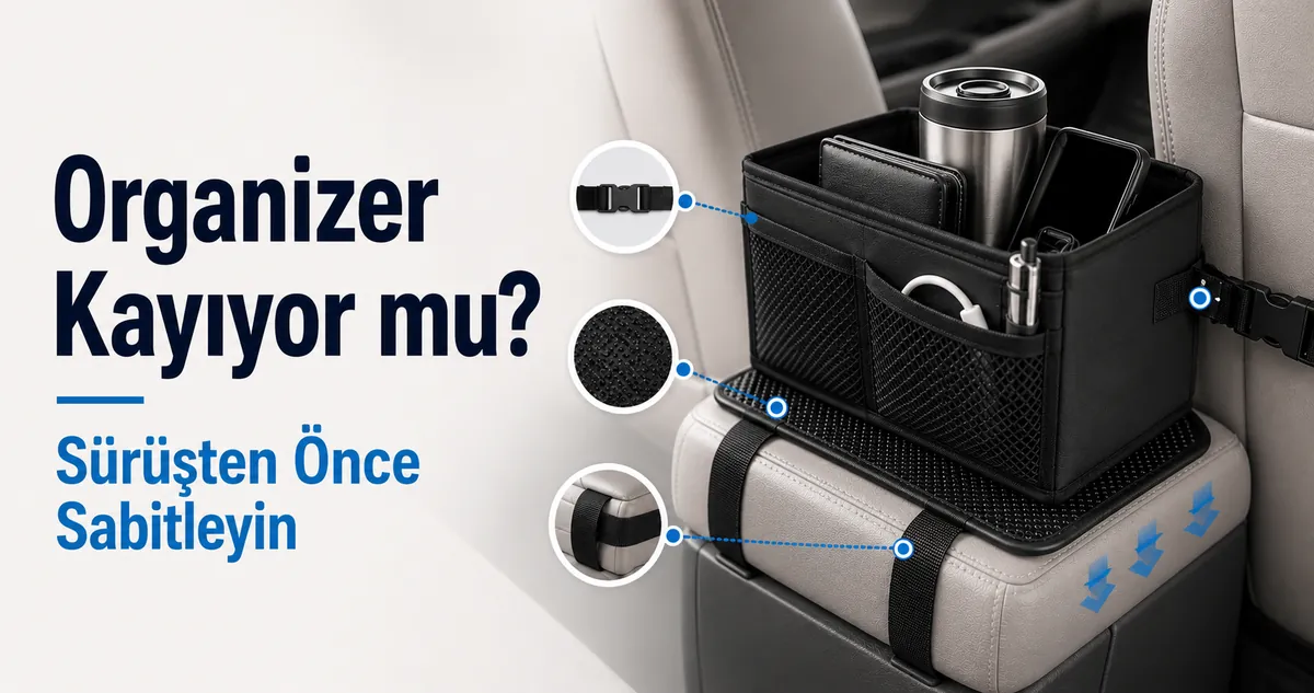 Sürüş sırasında kaymasını veya yerinden oynamasını önlemek için sabitlenmiş araç içi organizer