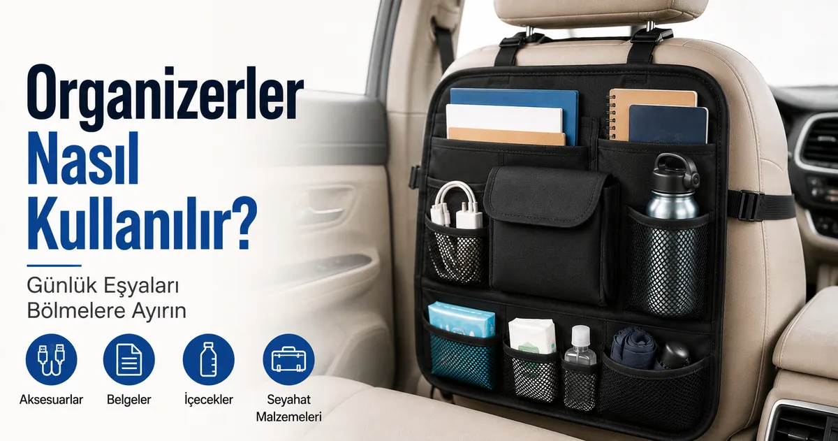 Günlük eşyaların ayrı bölmelere yerleştirildiği kullanım halindeki araç içi organizer