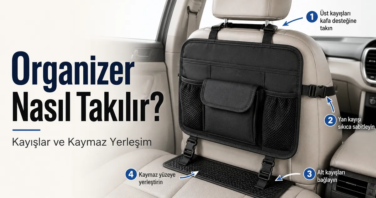 Araç içinde kaymaz yerleşim ve kayışlarla sabitlenen araç içi organizer
