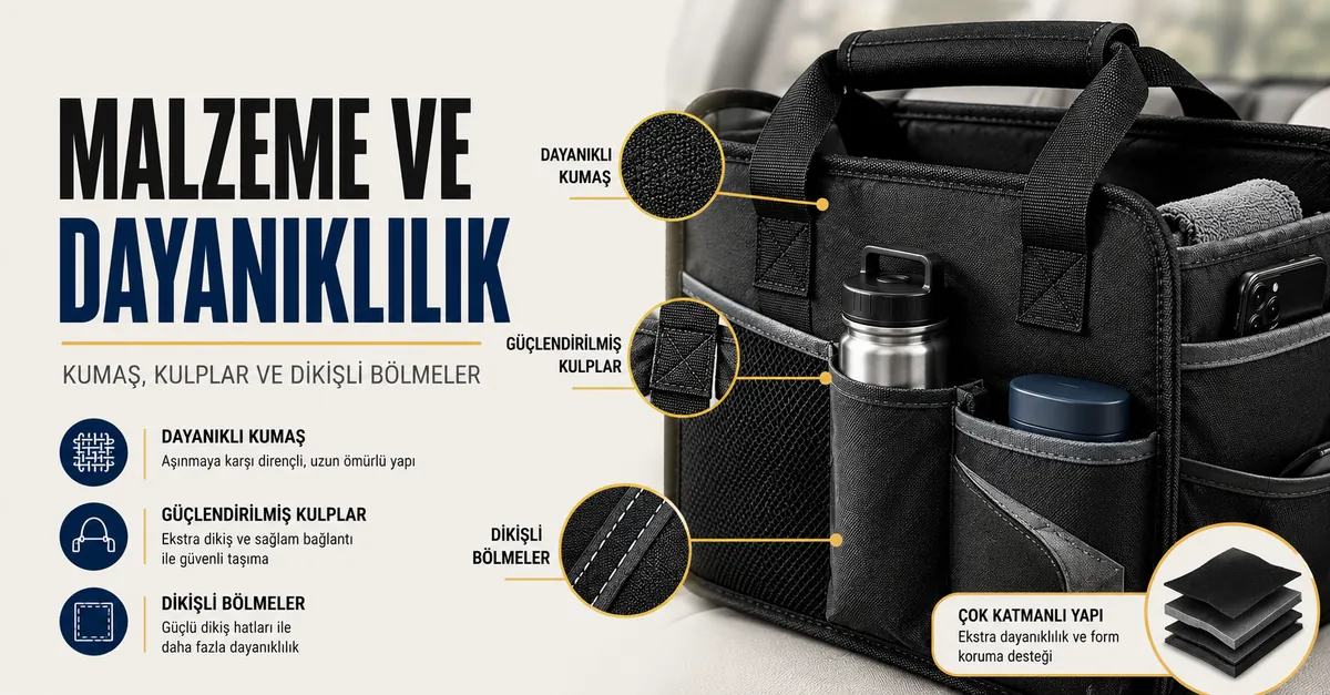 Kumaş dokusu, güçlendirilmiş paneller, kulplar ve dikişli bölmeleri gösteren dayanıklı araç içi organizer malzemeleri