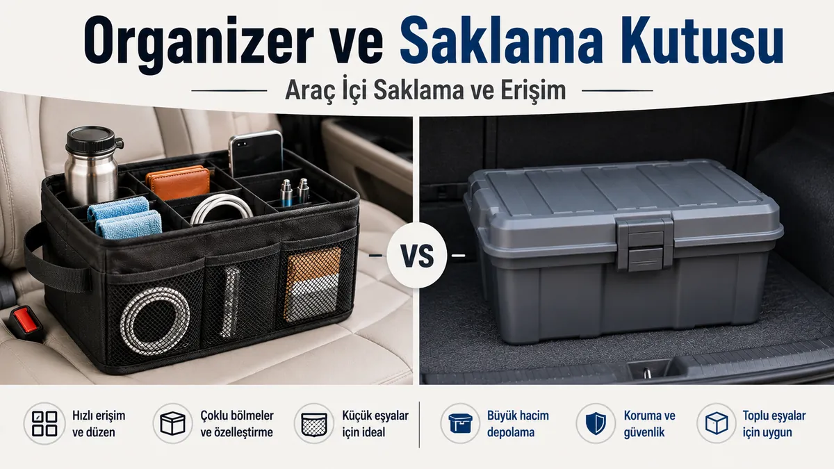 Araç içi saklama ve erişim açısından yan yana karşılaştırılan araç içi organizer ve saklama kutusu