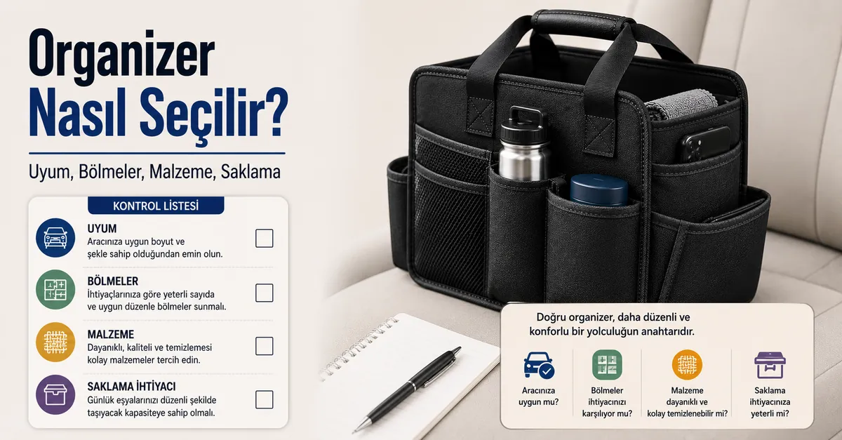 Uyum, bölmeler, malzeme ve saklama ihtiyaçlarını gösteren araç içi organizer seçim kontrol listesi